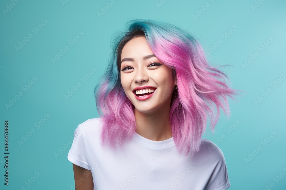 Smiling asian young woman with colorful hair studio portrait. AI generative