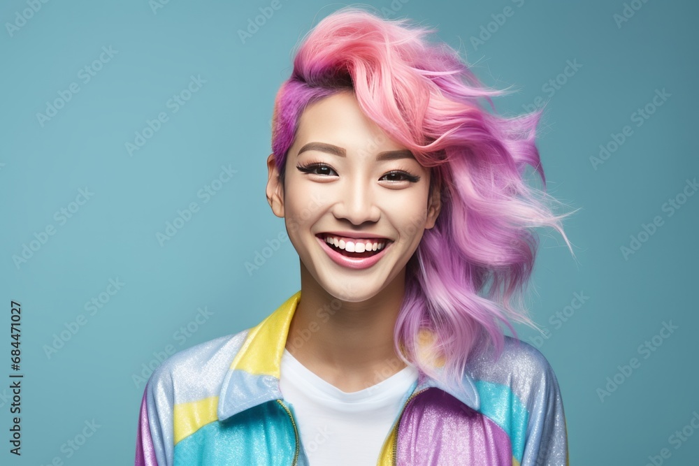 Smiling asian young woman with colorful hair studio portrait. AI generative Smiling asian young woman with colorful hair studio portrait. AI generative