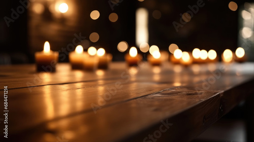 A wooden table topped with lights out of focus bokeh background