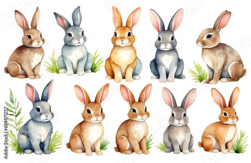 set of watercolor cute safari rabbits isolated on transparent background