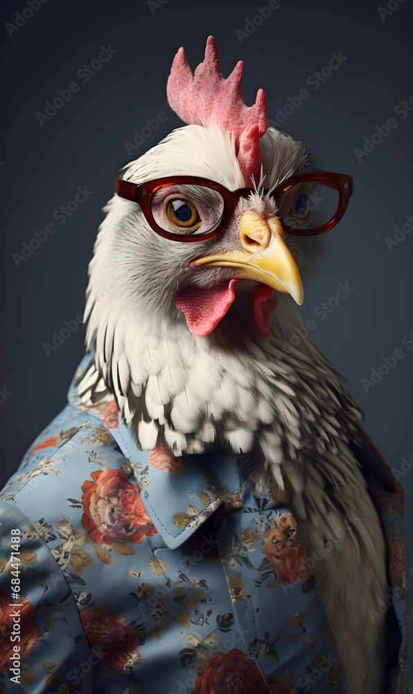 portrait of chicken dressed in trendy summer clothes. confident stylish fashion portrait of an anthropomorphic animal, posing with a charismatic human attitude