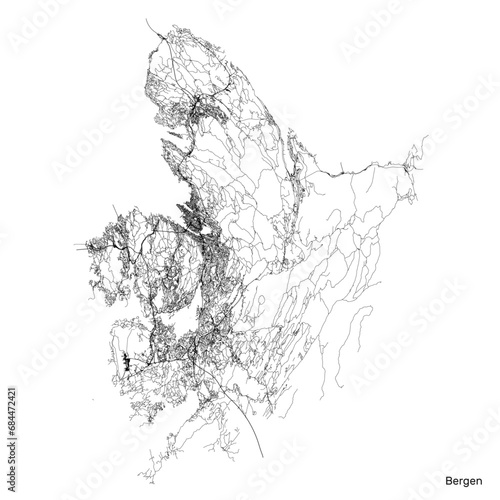 Bergen city map with roads and streets, Norway. Vector outline illustration.