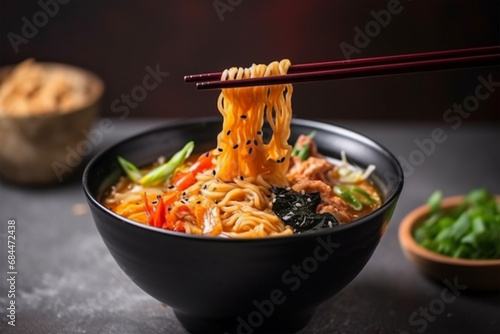 Korean ramen spicy noodle soup with chopsticks