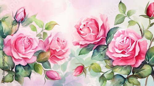 Vibrant pink roses intertwined with green leaves, forming a romantic watercolor background for your creative projects.