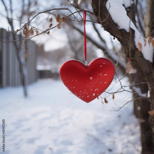 A red paper heart hangs on a winter tree, AI generator
