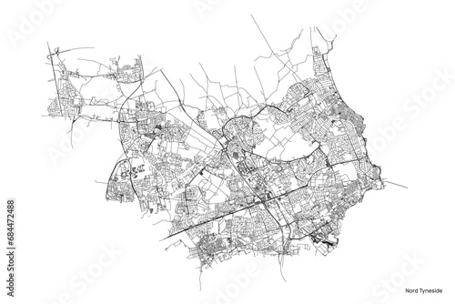 Nord Tyneside city map with roads and streets, United Kingdom. Vector outline illustration. photo