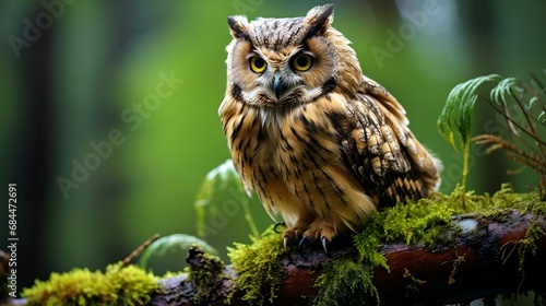 A wise owl observing from a mossy perch  © Halim Karya Art