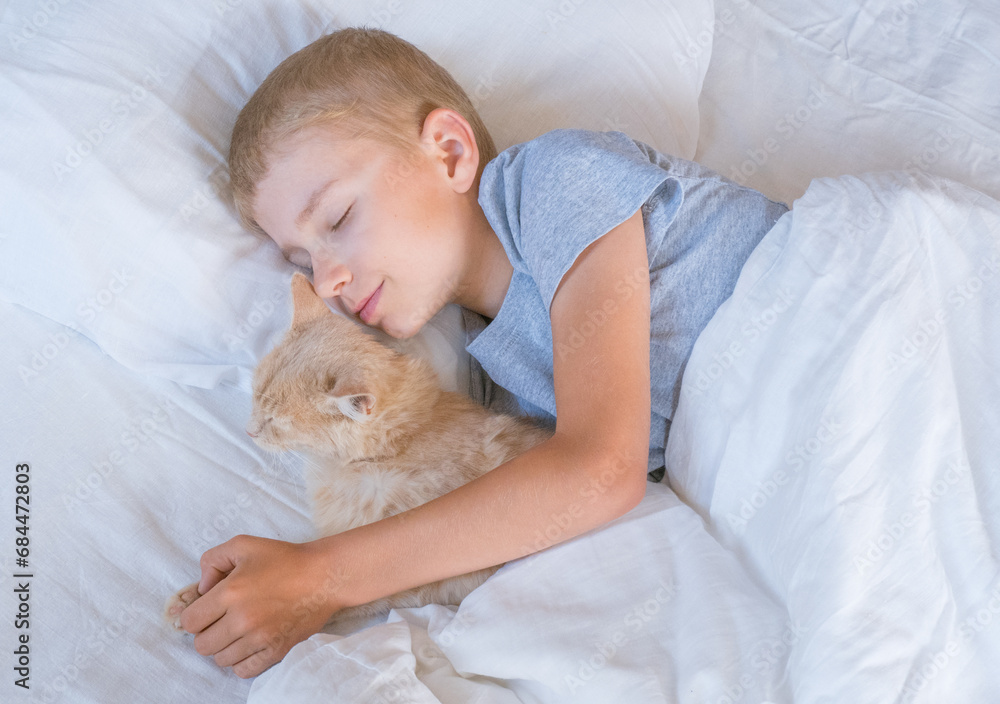 the boy falls asleep and hugs his ginger cat, who sleeps with him under the covers. children and pets. the cat sleeps with the baby. the child is getting ready for bed. the boy falls asleep and hugs his ginger cat, who sleeps with him under the covers. children and pets. the cat sleeps with the baby. the child is getting ready for bed.
