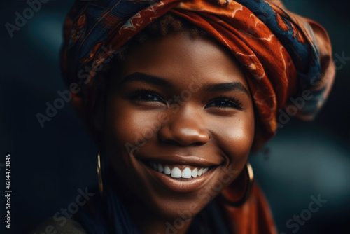 A joyful black  woman with a colorful turban smiles at the camera © Andreas