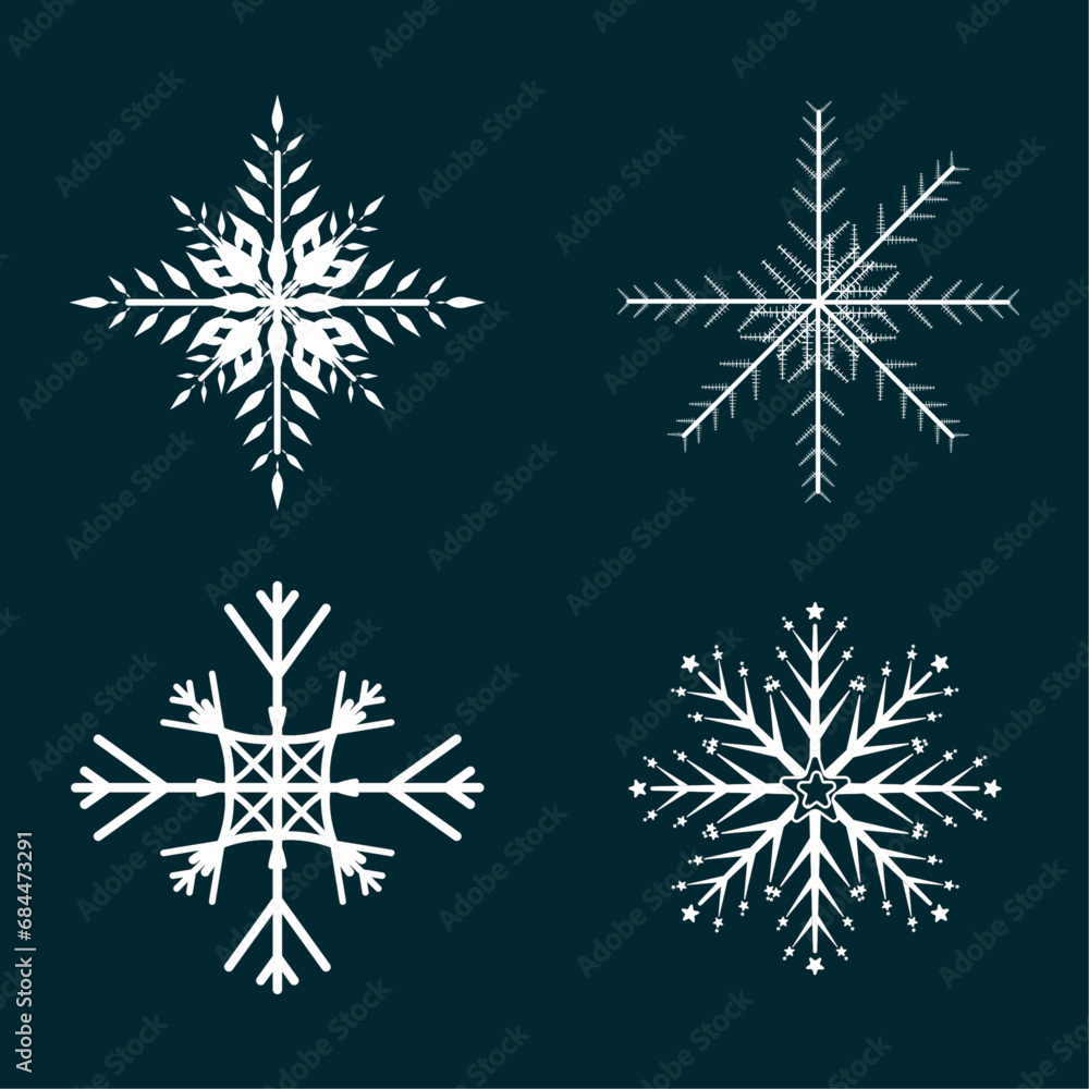 Different of 4 Flat snow icons, silhouette. Nice element for Christmas banner, cards. New year ornament concept vector