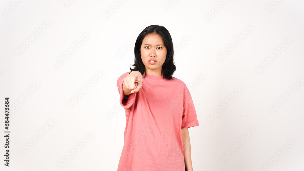Angry face with pointing at camera or you Of Beautiful Asian Woman Isolated On White Background