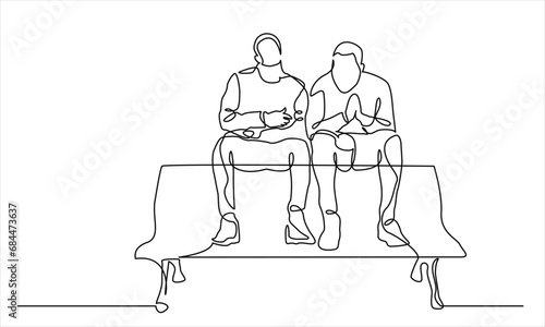 continuous line drawing of two friends talking to each other on top of the bench. the concept of friendship, emotional support, comfort someone a happy moment.