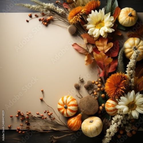 Autumn composition with pumpkins  flowers and leaves on wooden background