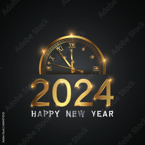 Happy new 2024 year Elegant gold text with fireworks, clock and light. Minimalistic text template..