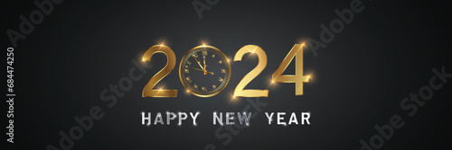 Happy new 2024 year Elegant gold text with fireworks, clock and light. Minimalistic text template.. photo