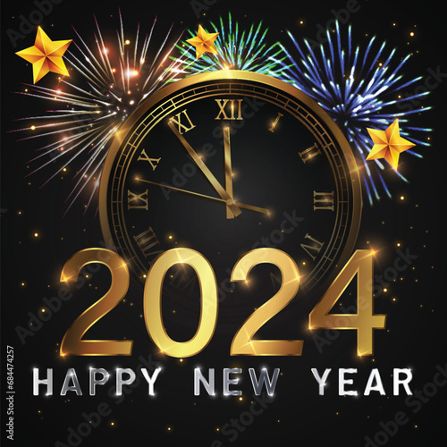 Happy new 2024 year Elegant gold text with fireworks, clock and light. Minimalistic text template.