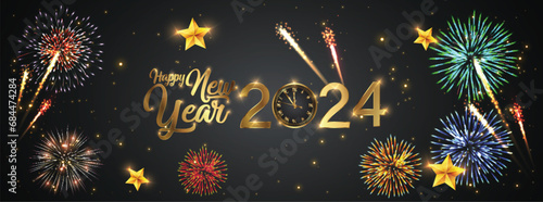 Happy new 2024 year Elegant gold text with fireworks, clock and light. Minimalistic text template.