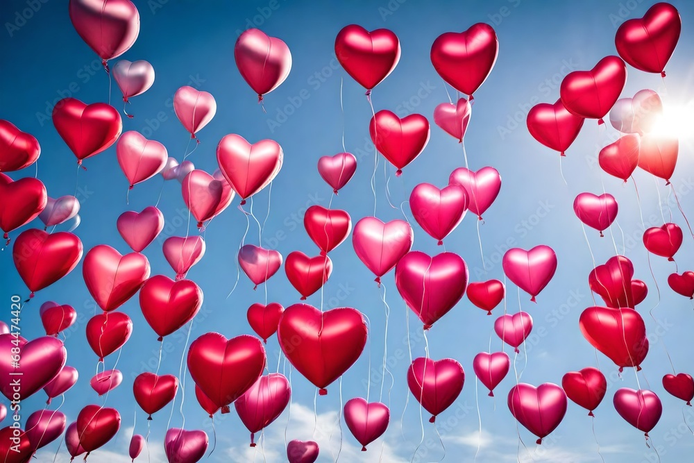 Heart-shaped balloons in various shades of pink and red floating against a clear blue sky, symbolizing love and freedom