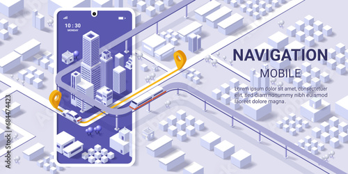 Maps and navigation online on mobile application, City isometric plan with road and buildings, GPS, Travel, Social Media, World Map. Isometric smart city concept. 3d vector illustration