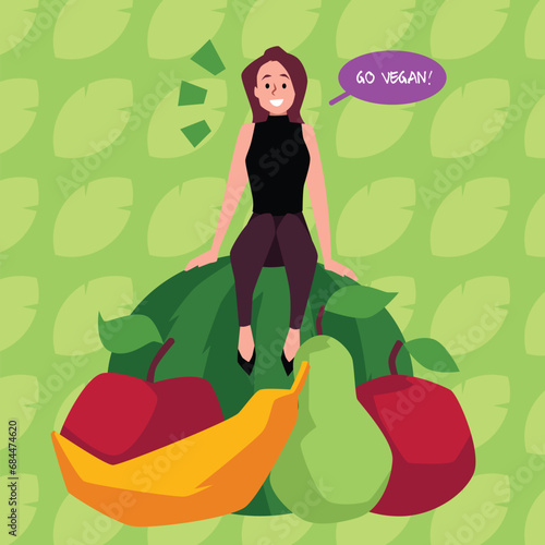 Banner with happy woman sitting on huge fruits and saying go vegan