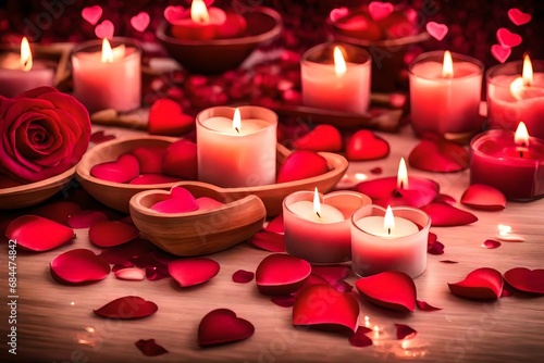Luxurious Valentine s Day spa setting with rose petal   heart-shaped candles  and a serene  romantic ambiance