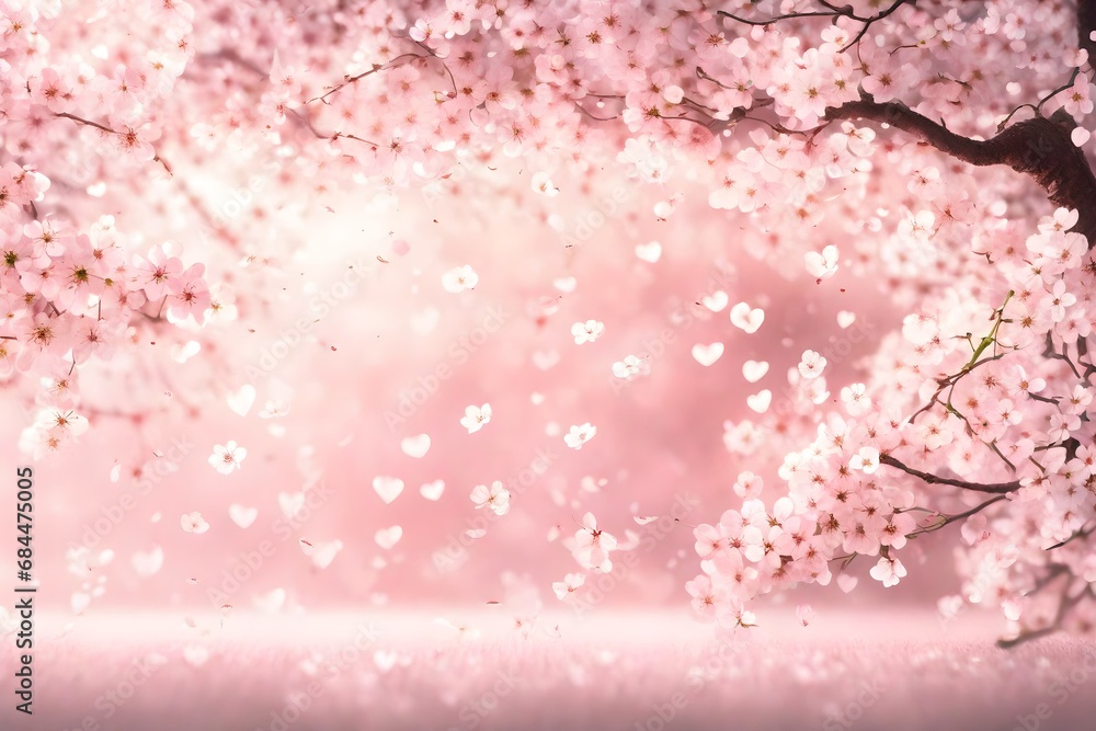 Obraz premium Ethereal Valentine's background with delicate heart-shaped cherry blossoms falling against a serene, blush-colored backdrop, evoking a romantic springtime love