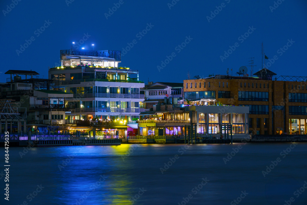 Cityscape lit up at night.