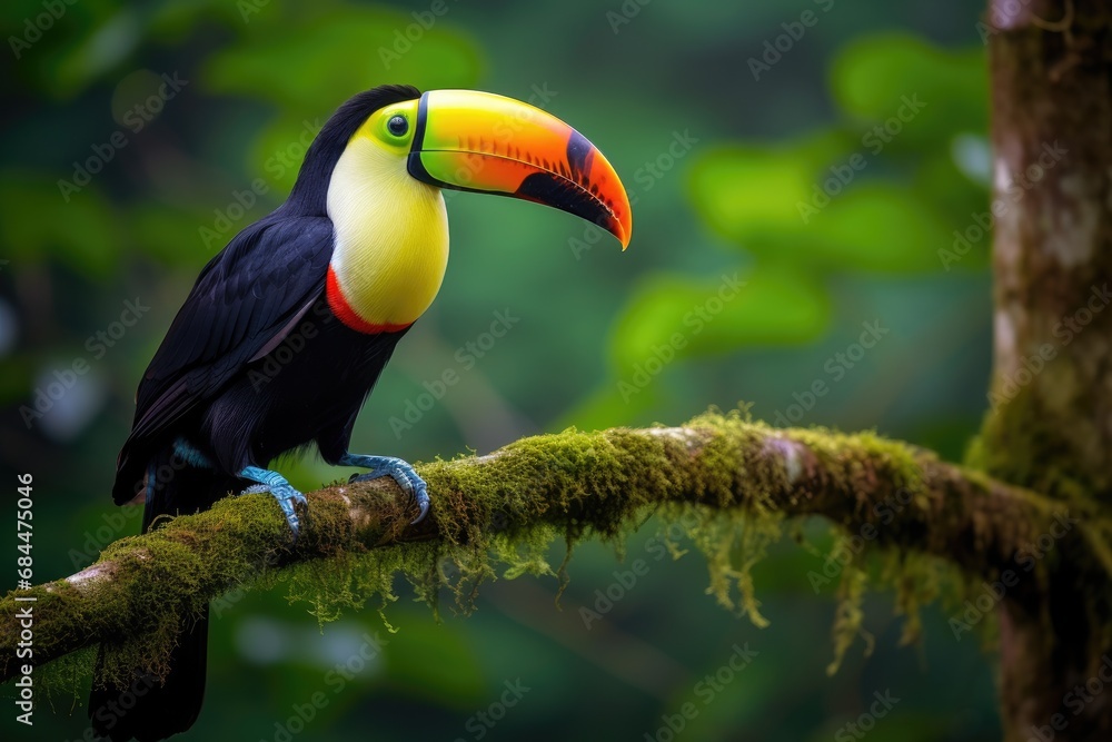 Toucan sitting on a branch in the rainforest. Generative AI Toucan sitting on a branch in the rainforest. Generative AI