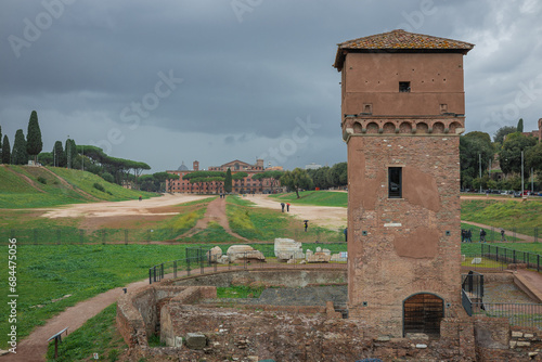 Bild auf Leinwand South of Circo Massimo in italy with torre della Moletta tower rising from the ground