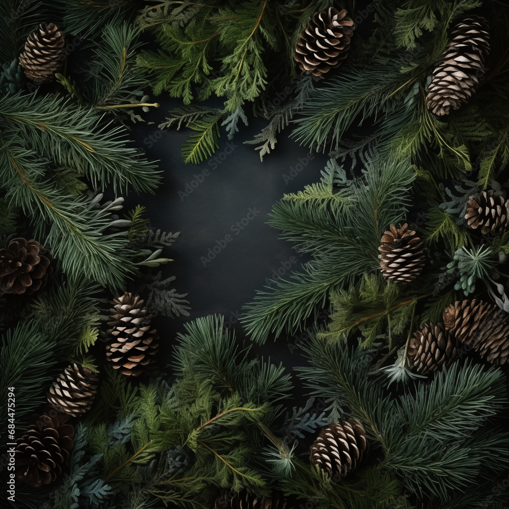 spruce and thuja branches with cones, christmas background