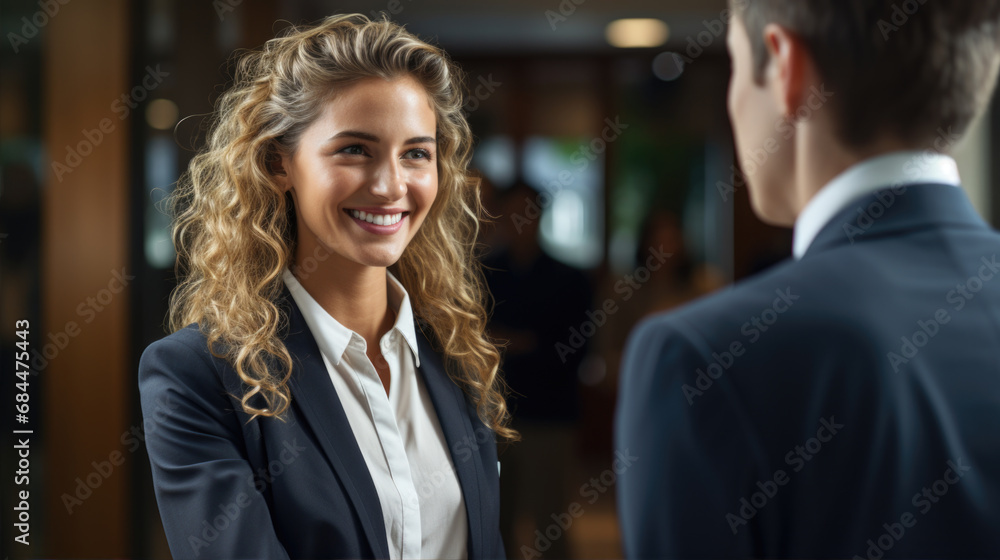 A smiling business woman in a suit talking to a business man A smiling business woman in a suit talking to a business man