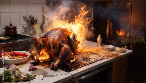 A roast turkey that caught fire in a kitchen
