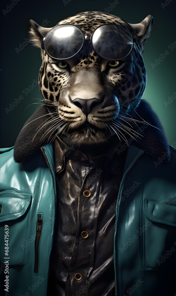 portrait of panther dressed in trendy urban clothes, confident. Fashion portrait of an anthropomorphic animal, posing with a charismatic human attitude