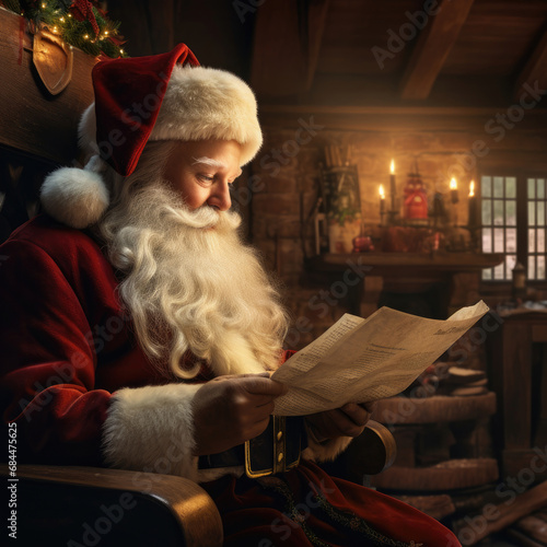 Santa Claus in a cozy home reading Christmas letters. AI Generative