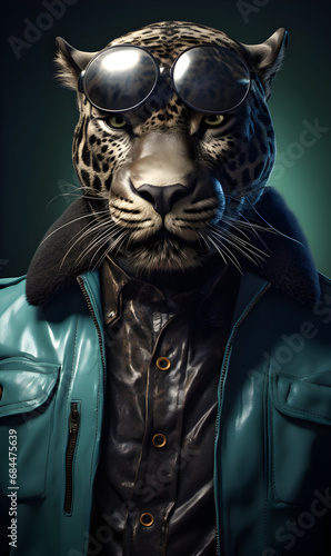 portrait of panther dressed in trendy urban clothes  confident. Fashion portrait of an anthropomorphic animal  posing with a charismatic human attitude