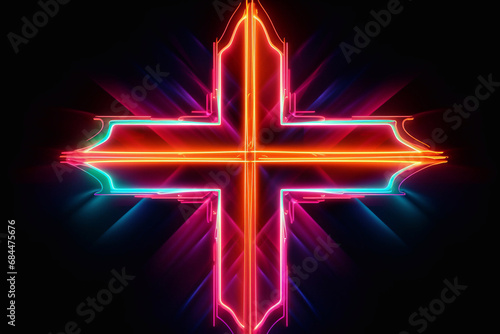 Cross with neon effect. Christian church. Designation of a place for prayers. Entrance to the church.