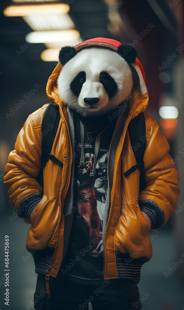 portrait of panda bear dressed in trendy urban clothes, confident. Fashion portrait of an anthropomorphic animal, posing with a charismatic human attitude