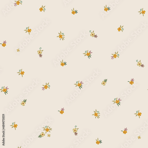Floral vector seamless pattern, hand-drawn. Very small flowers in warm colors. Nostalgic fashion textiles in retro style on a light background.