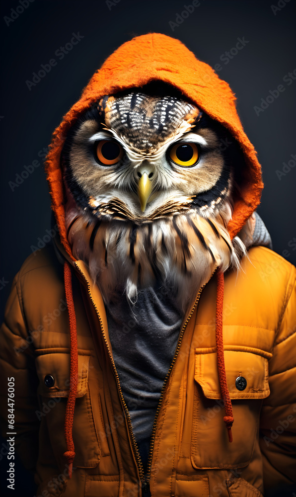 portrait of owl dressed in trendy urban clothes, confident. Fashion portrait of an anthropomorphic animal, posing with a charismatic human attitude