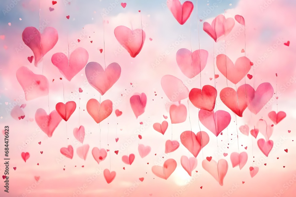 A dreamy Valentine's Day background with soft pink and red watercolor hearts gently floating across a pastel sky, symbolizing airy and whimsical love