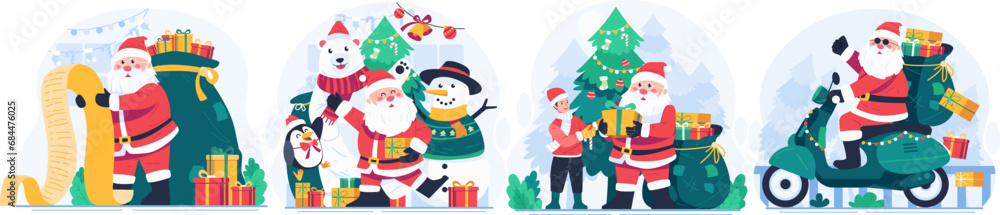 Illustration Set of Santa Claus and His Adorable Companions With a Christmas Tree and Gifts. Merry Christmas Winter Holiday Illustration Illustration Set of Santa Claus and His Adorable Companions With a Christmas Tree and Gifts. Merry Christmas Winter Holiday Illustration