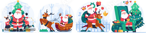 Illustration Set of Santa Claus Riding on Sleigh With Reindeer and Children. Merry Christmas Winter Holiday Illustration