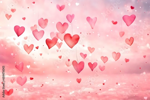 A dreamy Valentine's Day background with soft pink and red watercolor hearts gently floating across a pastel sky, symbolizing airy and whimsical love