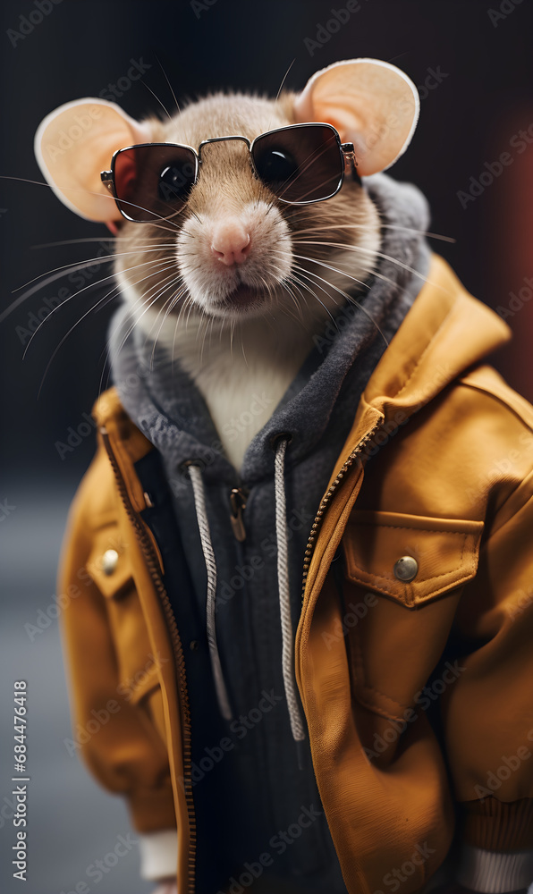 portrait of mouse dressed in trendy urban clothes, confident. Fashion portrait of an anthropomorphic animal, posing with a charismatic human attitude
