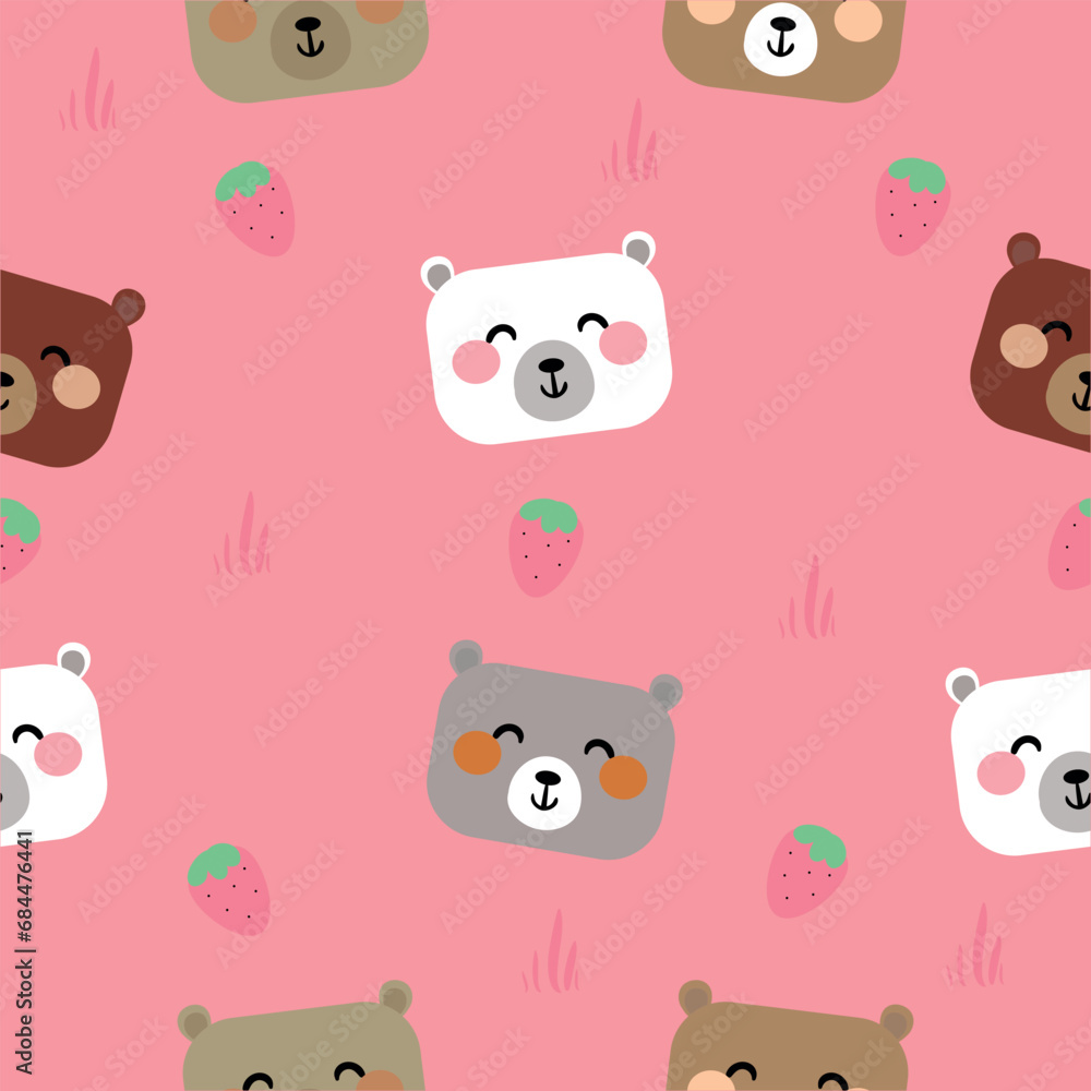 Seamless teddy bear pattern, pink background cute wallpaper for gift wrapping paper, textile, colorful vector for kids, flat style