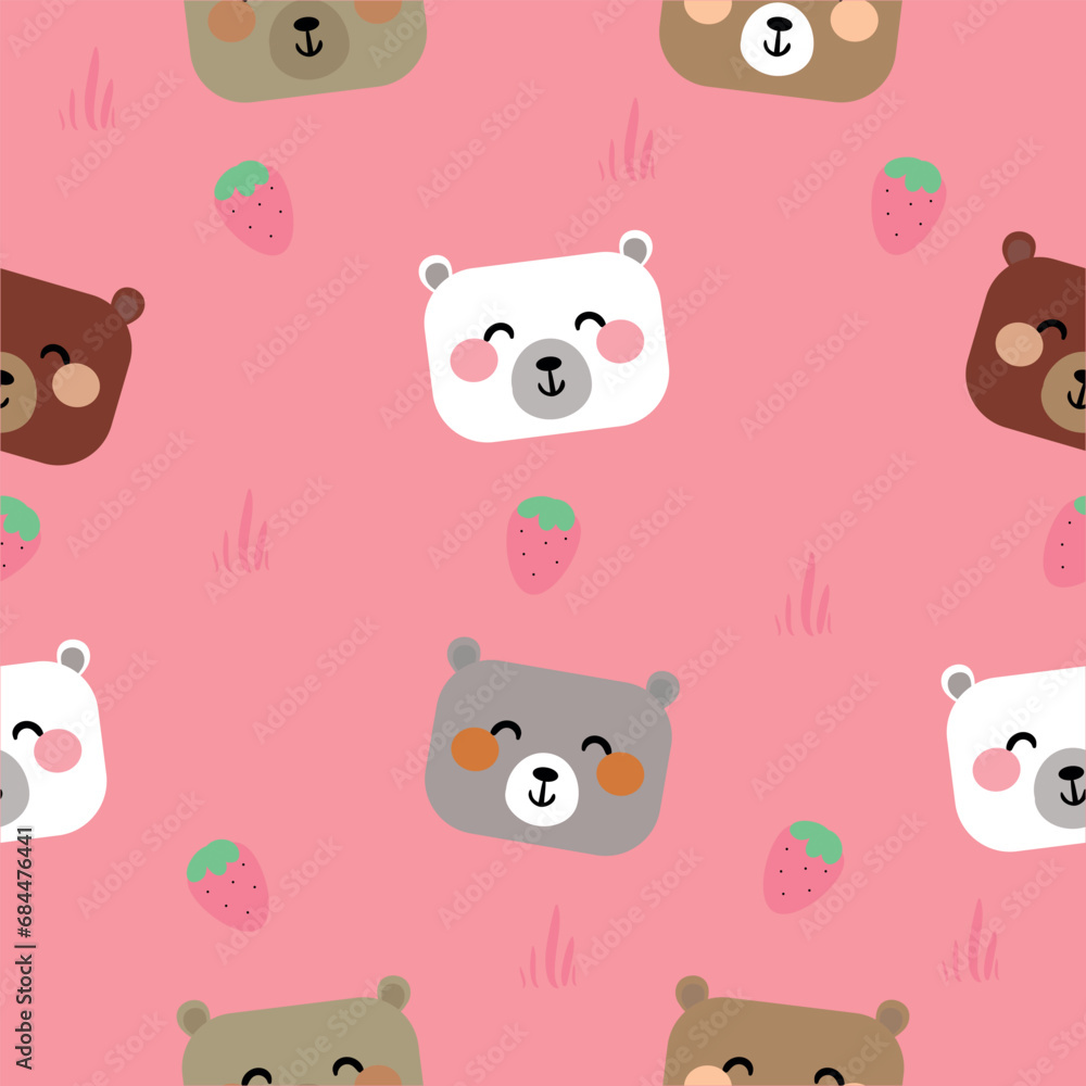 Naklejka premium Seamless teddy bear pattern, pink background cute wallpaper for gift wrapping paper, textile, colorful vector for kids, flat style