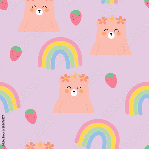 Seamless bear pattern  purple colored background cute wallpaper for gift wrapping paper  textile  colorful vector for kids  flat style
