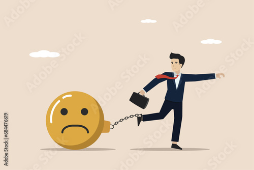 Stress load, negative thinking, emotional cause problems, mental health or depression, overworked concept, depressed businessman chain with sad face load.