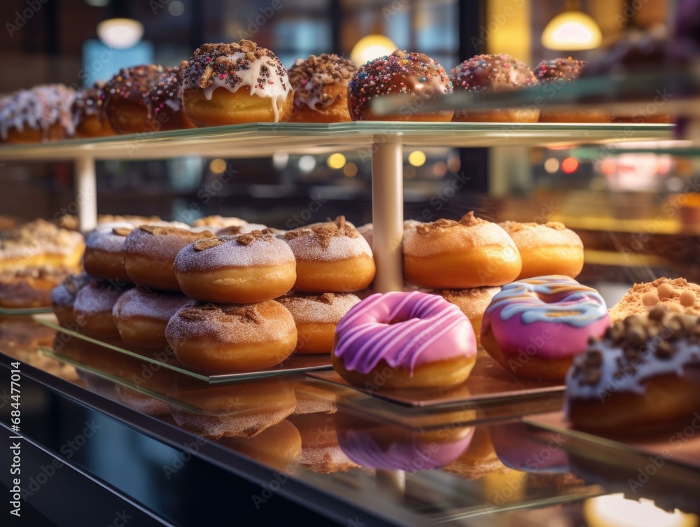 A display of donuts in a bakery. Generative AI. A display of donuts in a bakery. Generative AI.