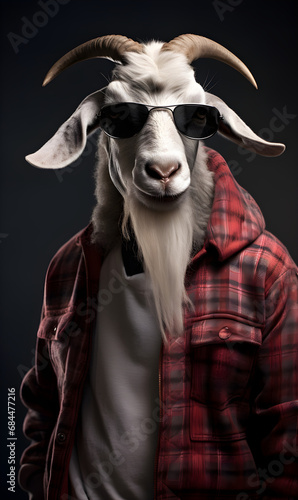 portrait of goat dressed in trendy urban clothes, confident. Fashion portrait of an anthropomorphic animal, posing with a charismatic human attitude